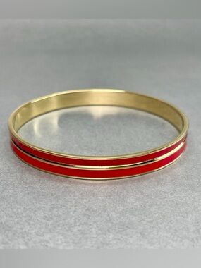 Vintage Monet Red Enamel Gold Tone Double Stripe Bangle Bracelet
